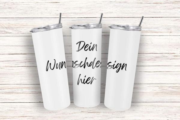 Individueller Thermobecher mit der Aufschrift 'Dein Wunschdesign hier'. Der Becher ist schlicht weiß und bietet die Möglichkeit, ein personalisiertes Design nach Wunsch hinzuzufügen. Perfekt für diejenigen, die nach einem einzigartigen, selbst gestalteten