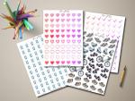 Sticker-Sheet-Set mit verschiedenen Motiven wie Herzen, Rollschuhen und Getränken – ideal für Planer und DIY
